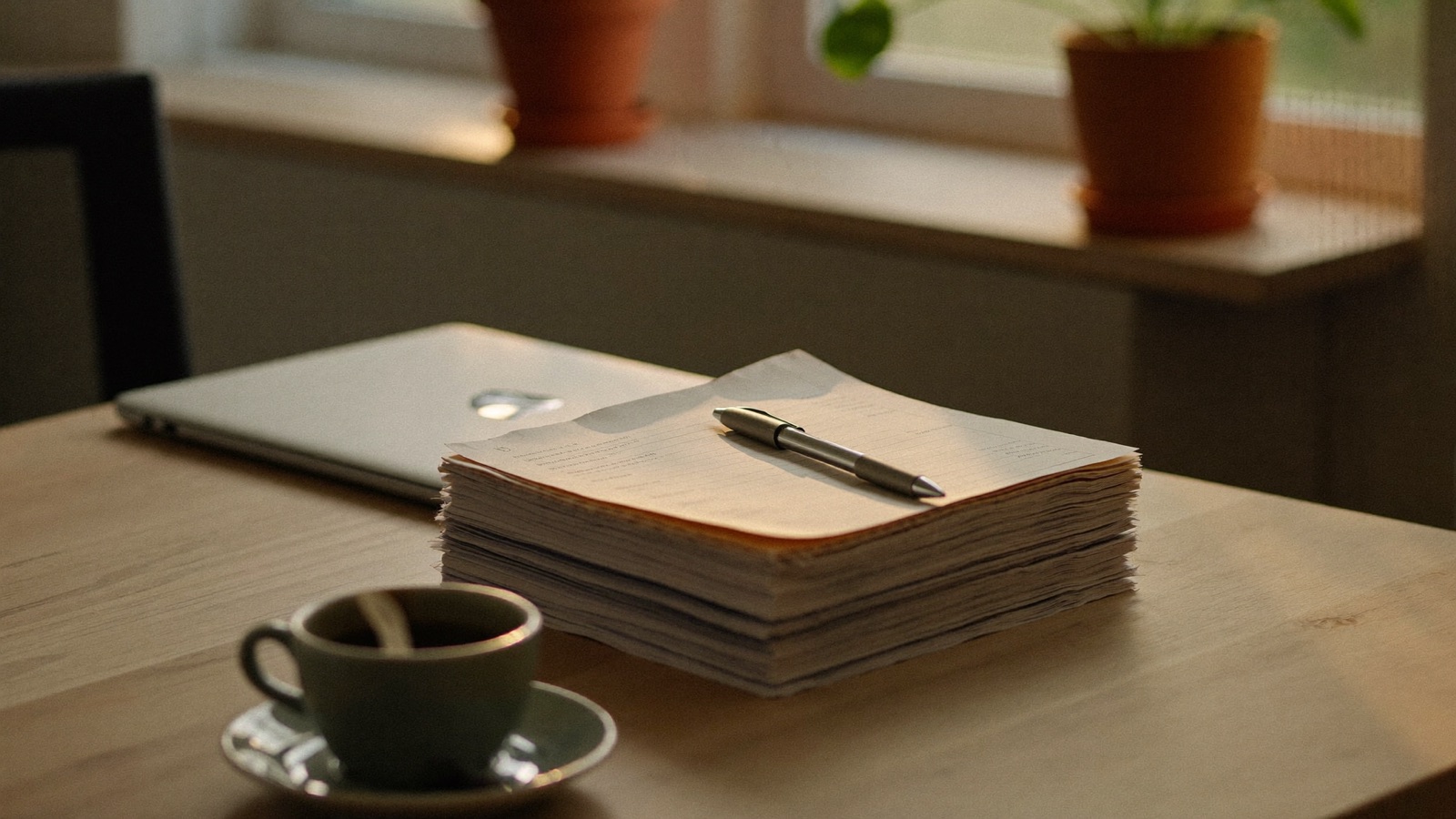Aufgeräumter Schreibtisch mit erledigtem Papierstapel — Monatsabrechnung automatisiert