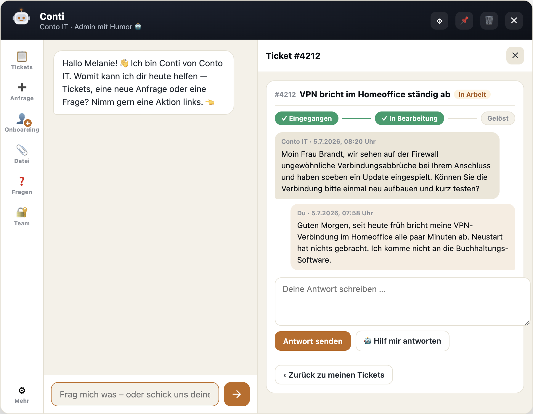 Conti-App: eigenes Ticket mit Zeitstrahl, Verlauf und KI-Antworthilfe