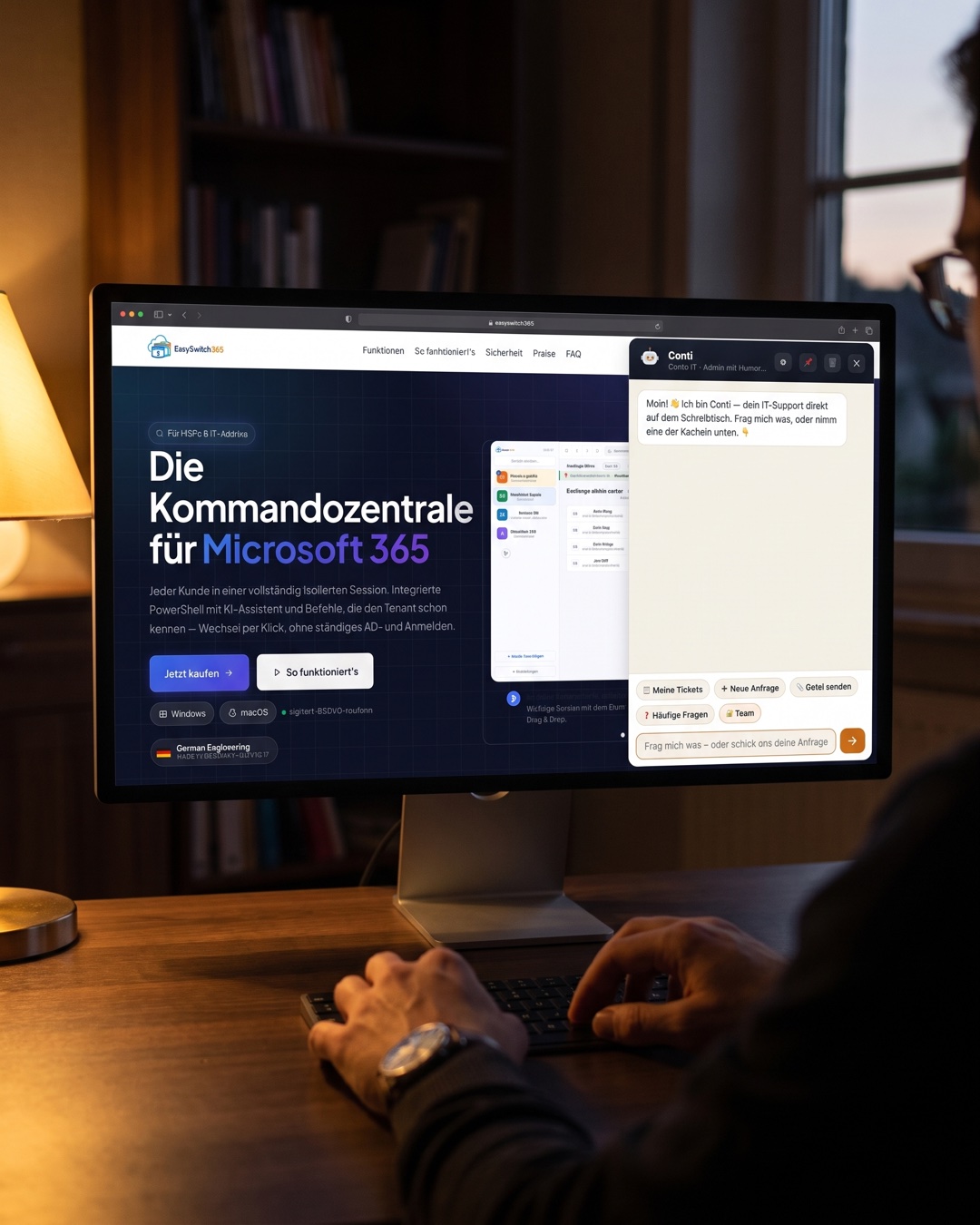 Eigene Produkte am Schreibtisch: EasySwitch365 auf dem Laptop, Conti-Chat auf dem Monitor