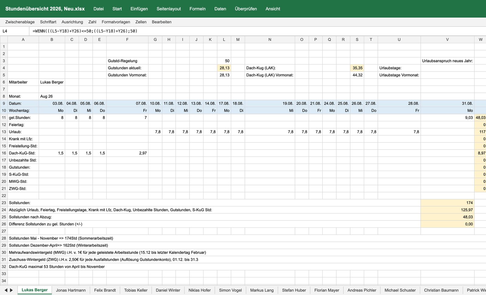 Bisherige Excel-Stundenübersicht